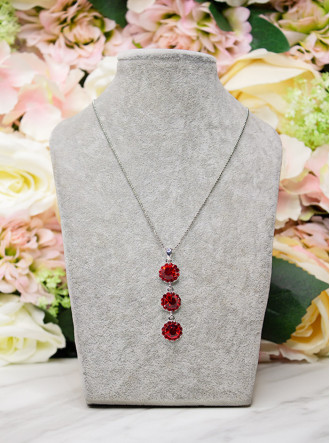 Halo Crystal 3 Drop Necklace - Red